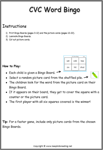CVC Games CVC Word Bingo Pack Keep Kids Reading
